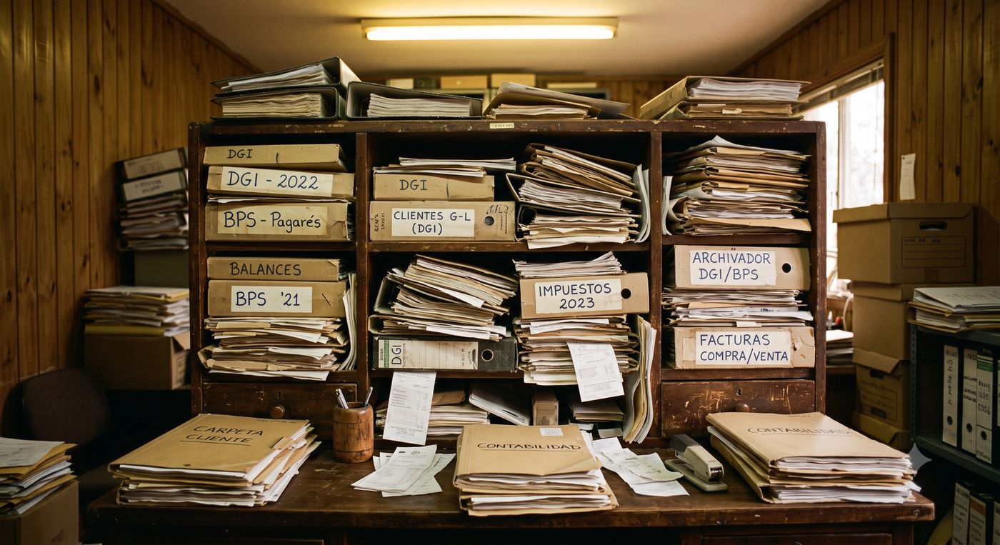 Archivero desordenado de un estudio contable
